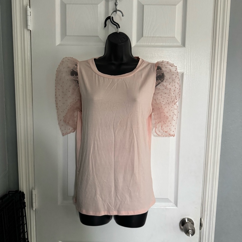 NWT Francesca's Collections Blue Rain Light Pink Sheer Puff Sleeve Blouse - L